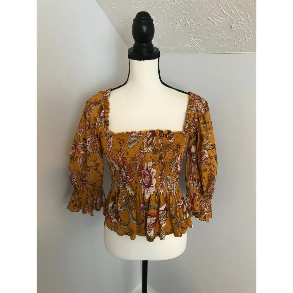 Anthro Conditions Apply Smocked Sweetheart Floral Blouse Boho S